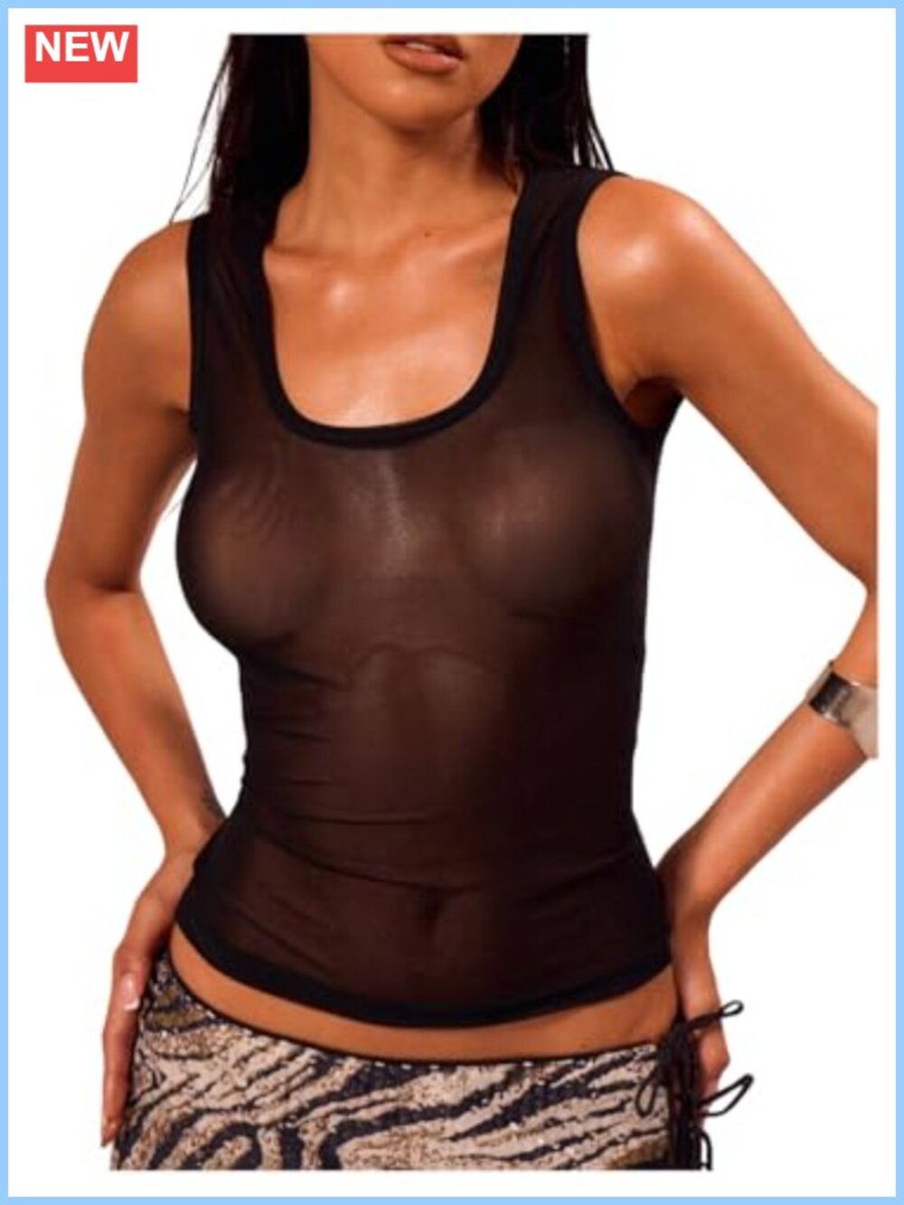 Sheer Tank Top Fitted Sleeveless Square Neck Basic Summer Vacation Top